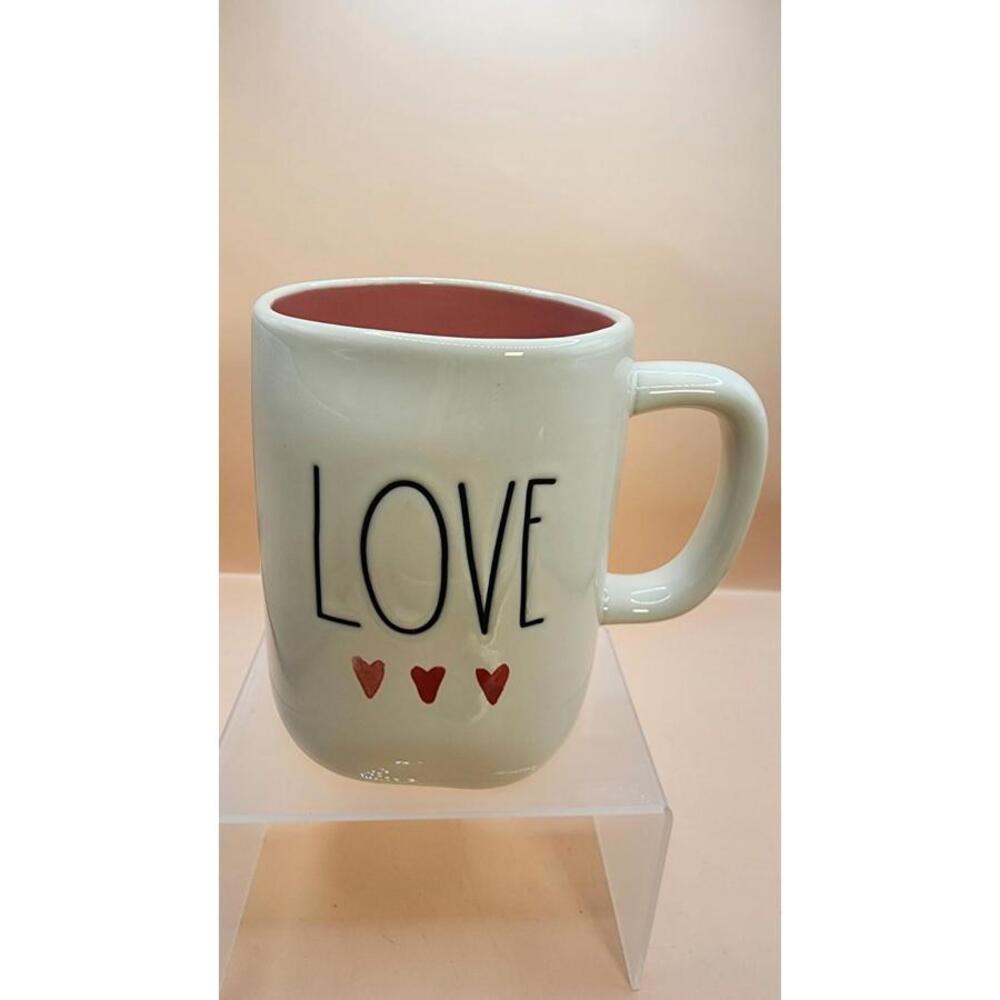 Rae Dunn "LOVE" Mug Ivory Pink Inside Watercolor Hearts LL Magenta
